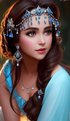 a beautiful young woman wearing a tiara with blue jewels and pearls on her head