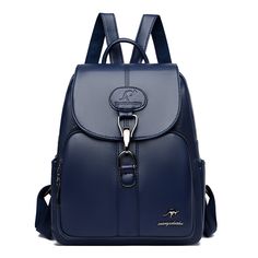 Color: Blue Blue Faux Leather Travel Bags, Soft Faux Leather Standard Backpack, Trendy Blue Leather School Backpack, Blue Leather Backpack For Travel, Trendy Soft Leather Standard Backpack, Faux Leather Soft Backpack, Casual Blue Leather Backpack For Travel, Blue Leather Travel Backpack, Blue Satchel Backpack With Zipper