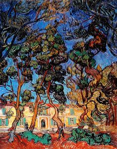 an image of a painting with trees and houses in the background on a blue sky day