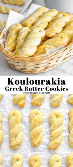 several different types of cookies in a basket and on the table with other pastries