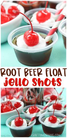 a bowl filled with jello shots and topped with whipped cream, cherries and a cherry