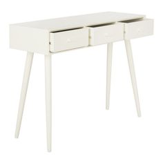 a white desk with two drawers on one side and an open drawer on the other