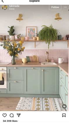 a kitchen with green cabinets and yellow accents on the counter top, along with potted plants