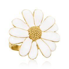 Ross-Simons - Italian White Enamel Daisy Ring in 18kt Gold Over Sterling. Size 5. Daisies are bright and happy flowers, making this ring the perfect feel-good statement! Splashed with white enamel and crafted in polished 18kt yellow gold over sterling silver. Made in Italy. 7/8" wide. White enamel daisy ring. Byzantine Rings, Pear Shaped Ring, Daisy Ring, Happy Flowers, Emerald Pendant, Jewelry Essentials, Ring Pictures, Cross Ring, Circle Necklace