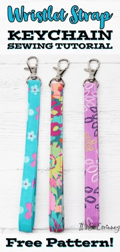 three keychains with the text, free pattern and instructions to make them easy