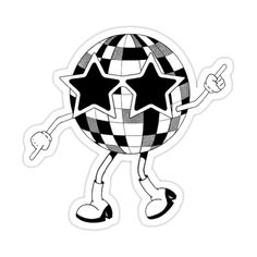 a black and white sticker with an image of a cartoon character holding a pointing finger