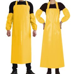 two people in yellow aprons standing next to each other with their hands on their hips