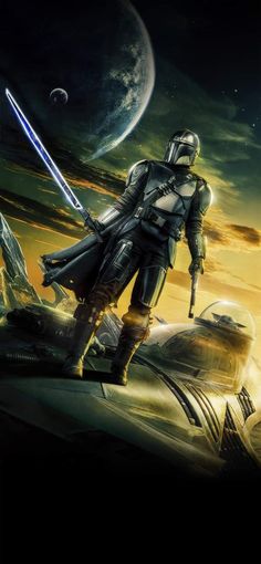 a star wars character standing on top of a vehicle in front of an alien planet