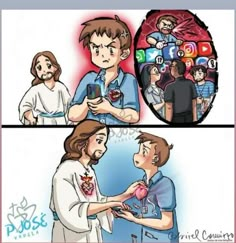 two cartoon images one shows a man holding a heart and the other showing a woman using her cell phone