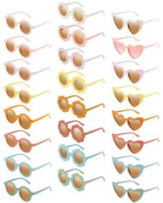 PRICES MAY VARY. Assorted Sunglasses Set: you will receive 24 pieces of kids sunglasses in 3 styles and 8 colors, rich quantity, style and color can meet your daily use, replacement and sharing needs Eye Catching Appearance: the sunglasses for kids with flower shapes, heart, round frame design and bright colors will make your child more cute and stand out from the crowd; Each style is novel and stylish, to meet children's preferences, you can choose different colors of sunglasses according to di Students Gifts, Flower Glasses, Shapes For Toddlers, Sunglasses Colorful, Outdoor Holiday Party, Sunglasses Cute, Flower Sunglasses, Heart Shaped Glasses, Party Sunglasses