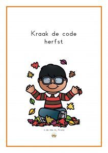 a card with an image of a boy sitting on leaves and the words kraak de code herfst