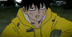 an anime character with black hair and yellow hoodie looking at something in the distance