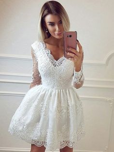 V Neck Long Sleeves Lace White Short Prom Dresses Homecoming Dresses, Long Sleeves White Lace Formal Graduation Evening Dresses Long Sleeve Prom Dress Short, White Lace Prom Dress, Dresses Long Sleeves, White Lace Shorts, Dress With Corset, Long Sleeve Prom, Short Homecoming Dress, Lace Homecoming Dresses