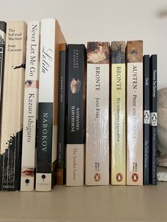 a row of books sitting on top of a wooden shelf