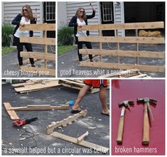 three pictures showing how to build a fence with wood and hammers on the ground