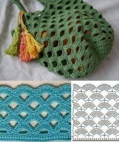 crocheted purses with different patterns and designs on them, including one in green