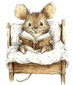 a drawing of a mouse reading a book