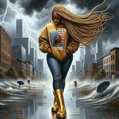 a painting of a woman walking in the rain with an american flag t - shirt on