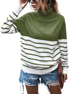 Amazon.com: KIRUNDO 2020 Women’s Turtleneck Knitted Sweater Long Sleeves Stripe Patchwork Print Soft Loose Fit Ribbed Pullover Jumper Tops (Medium, Stripe-Green) : Clothing, Shoes & Jewelry Striped Sweaters, Sweat Gris, Casual Turtleneck, Color Combinations For Clothes, Loose Pullover, High Neck Sweater, Womens Turtleneck, Pullover Designs, Color Block Sweater