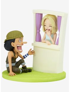 a figurine is sitting on the ground next to a window with a woman looking in