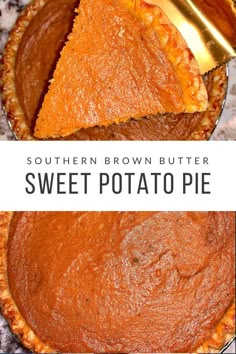 a piece of southern brown butter sweet potato pie is shown with the rest of the pie