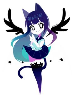 an anime character holding a cat with wings on her back, and stars in the background