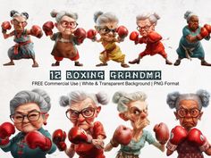 an old woman with boxing gloves and other cartoon characters in various poses, including the older woman