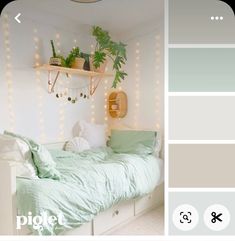 a bedroom with white walls and green bedding, plants on the shelf above the bed