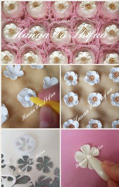 the process of making flowers with fondant and embellishments is shown here