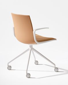 an office chair with wheels is shown in white and beige colors, on a light background