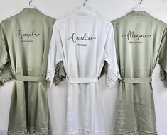 Bridesmaid Gift, Bridesmaid Robes, Bridal Party Gifts, Bridal Robes, Wedding Robes, Bride Robe, Bridal Party Robes, Bridesmaid Proposal Beautiful satin dressing gowns with elegant lace trim.  These lovely elegant robes are perfect for your bridal party on the morning of your wedding and for wearing on relaxing hen weekends. Size: Regular: 8-16 (Bust 124 cm, Shoulder 47, Length: 94cm) Plus: 18-22 (Bust 142cm, Shoulder 52.5, Length 100cm) Please be aware that our supplier only offers these two siz Green Bridesmaid Robes, Wedding Robes Bridesmaids, Sage Green Bridesmaid, Bridesmaid Robe Personalized, Satin Dressing Gown, Satin Pyjamas, Wedding Robes, Bridesmaid Dressing Gowns, Bridal Party Robes