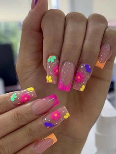 24pcs Short Square French Floral Design False Nails, Suitable For Daily, Dance, Party, Dating | SHEIN USA Nagellack Trends, Spring Acrylic Nails, Fancy Nails Designs, Colorful Nails, Acrylic Nails Coffin