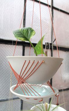 two hanging planters with plants in them and one has a green leaf on it