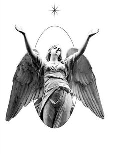 black and white photograph of an angel with outstretched hands, surrounded by the stars above