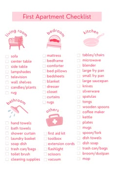 the first apartment checklist is shown in pink