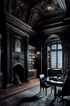 a dining room with a table and chairs in front of a bookcase filled with books