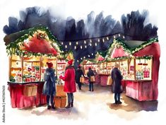 Christmas Shopping Illustration, Christmas Market Painting, Christmas Town Illustration, Xmas Prints, Manchester Christmas Markets, European Town, St Nicholas Day, German Christmas Markets