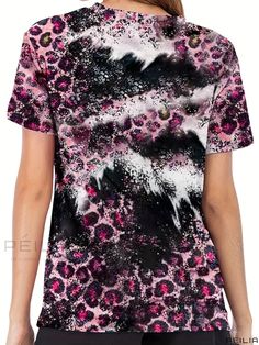 Peilia - Womens Leopard and Floral Print Crew Neck T-Shirt - a Stylish and Versatile Short Sleeve Tee for the Spring and Summer Season Pink Crew Neck Top With All Over Print, Pink All-over Print Crew Neck Tops, Multicolor Random Print Top With Short Sleeves, Pink Casual Top With All Over Print, Casual Pink Top With All Over Print, Pink Printed Crew Neck Top, Pink Printed Short Sleeve T-shirt, Summer Season, Short Sleeve Top