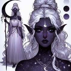 an illustration of a woman with white hair and horns standing in front of a moon