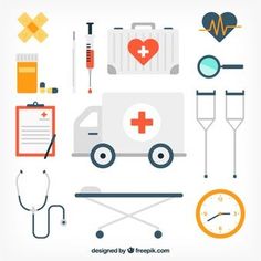 various medical items are arranged on a white background, including a stethoscope