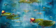 a painting of water lilies and lily pads on a blue pond with green leaves