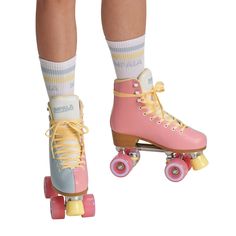 the legs and feet of a person wearing roller skates