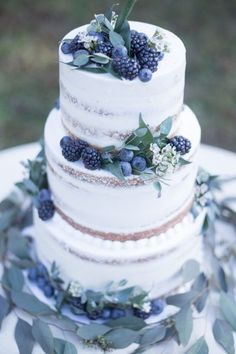 a three tiered cake with berries and greenery on the top is decorated with blueberries