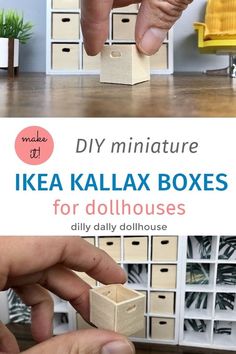 someone is building a miniature house out of cardboard boxes with the words ikea kallax boxes for dollhousees