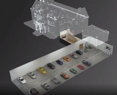 an overhead view of a car showroom with cars in the garage and on the second floor