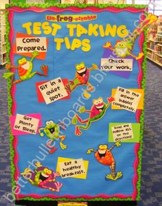 a bulletin board with the words test taking tips on it in a store aisle next to bookshelves