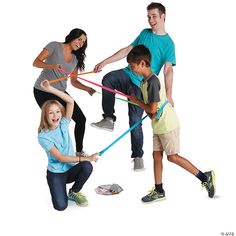 a group of people playing with different colored sticks and toys on a white background,