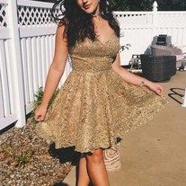 Prom Fantasy on Storenvy Gold Short Dress, Gold Dress Short, Cute Hoco Dresses, Fantasy Shop, Short Prom Dresses, Dress Idea, Dresses Homecoming, Mini Party, Lace Short