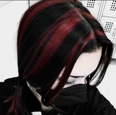 Red And Black Hair Draculaura, Goth Hairdye Ideas, Black And Red Streaks Hair, Black With Red Streaks Hair, Red And Black Hair Streaks, Black And Red Skunk Hair, Red Hair With Black Stripes, Red And White Hair Aesthetic, Red Hair On Top Black Underneath