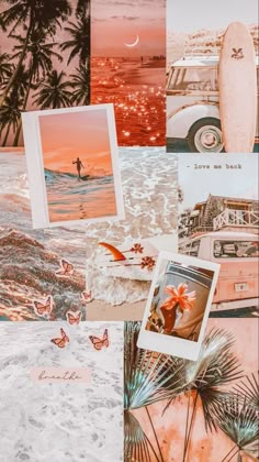 a collage of photos with surfboards and palm trees